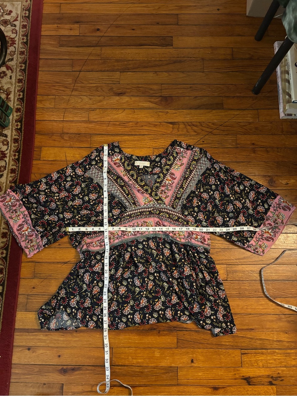 Suzanne Betro Black Floral V-Neck Peplum Tunic with Pink Border